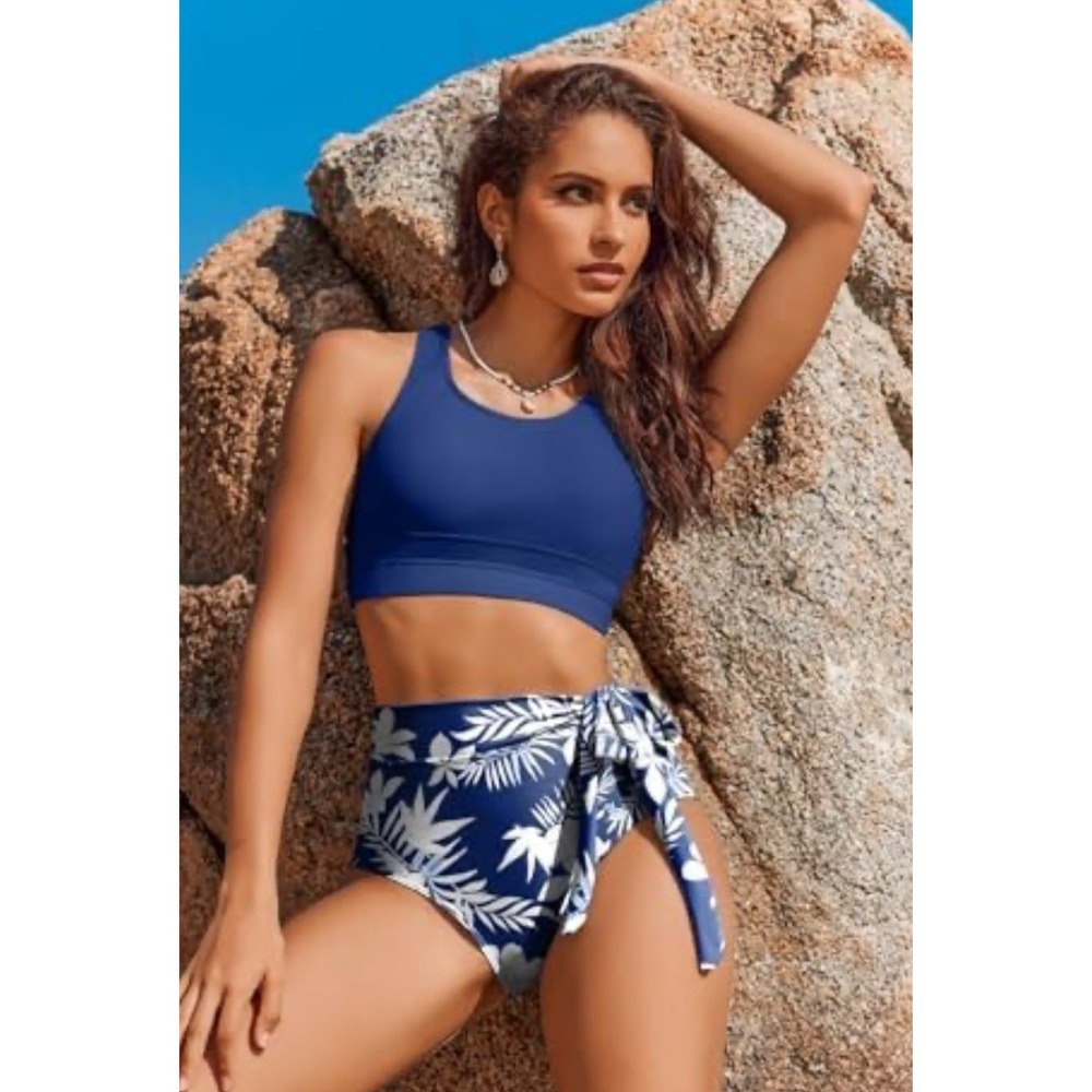 AIMAGE Womens Navy Blue Floral High Waisted Bikini Set Two Piece Swimsuit NWT